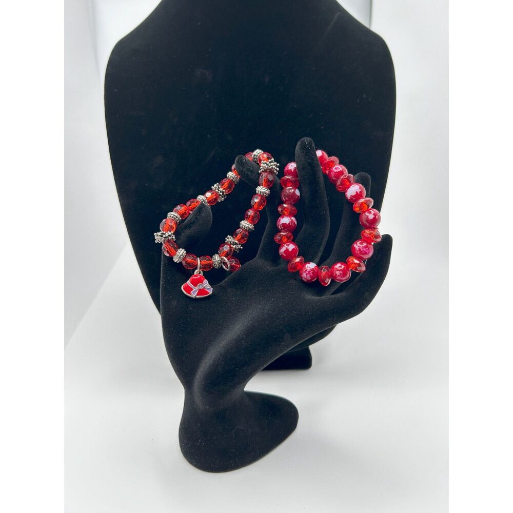 Elegant 2-Piece Red Glass Bead Bracelet Set - Handmade Jewelry/Fashion Accessory